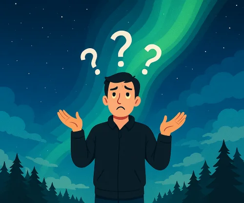 Confused man shrugging under northern lights with question marks above his head