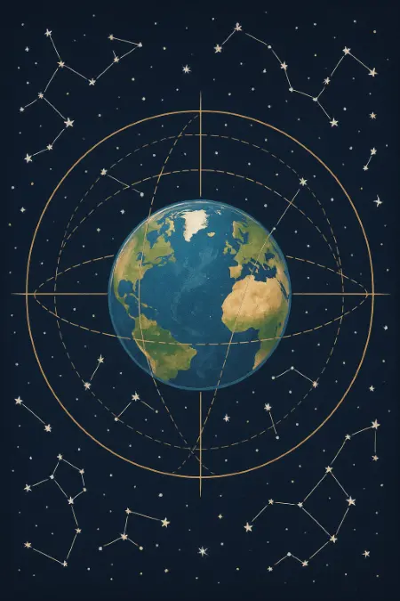 Illustration of Earth centered within a celestial sphere, with golden reference lines and surrounding constellations.