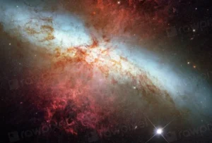 Colorful Hubble image of galaxy M82 with bright supernova and glowing red gas clouds.